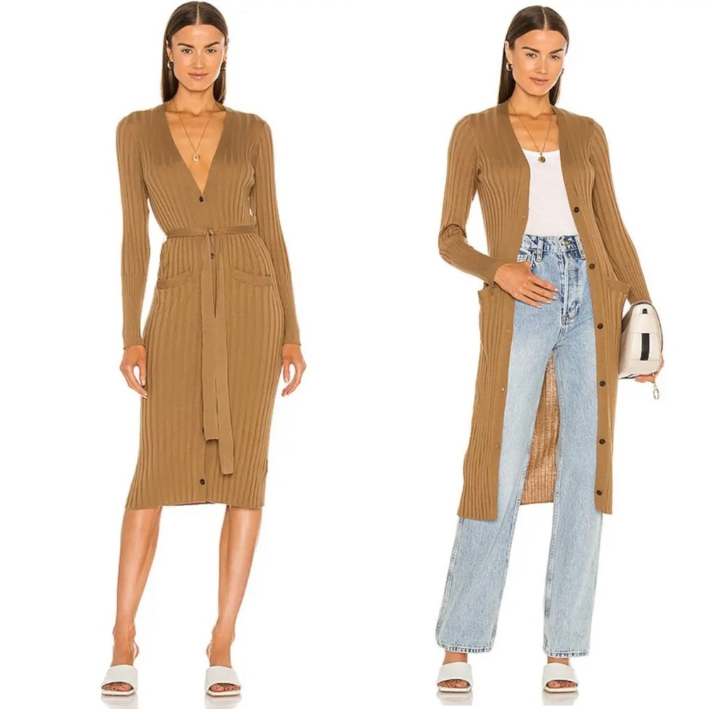 ATM Sahara Tan Brown Belted Silk‎ Wide Rib Long Cardigan Sweater Duster Dress